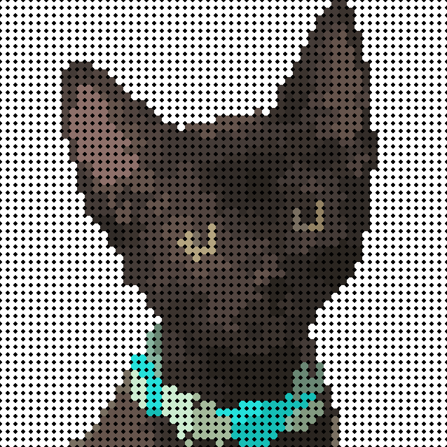 Image of a pixel art cat after conversion, with circular dot pixels